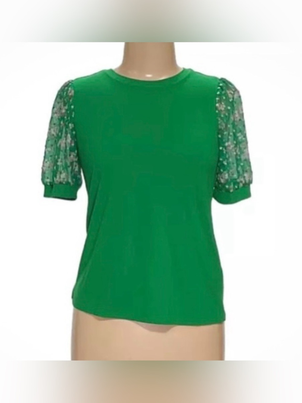 CeCe Green Puff-Sleeve Floral Accent Short-Sleeve Top